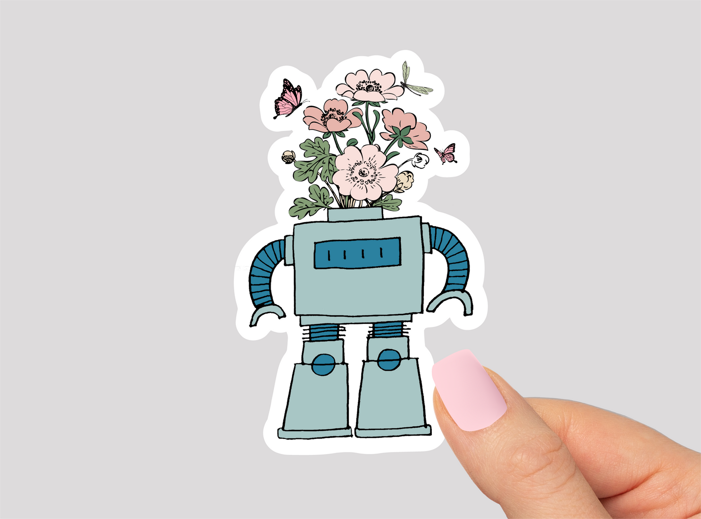 Floral Robot Vinyl Die Cut Sticker