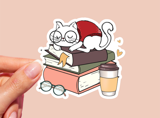 Books and Cat Vinyl Die Cut Sticker